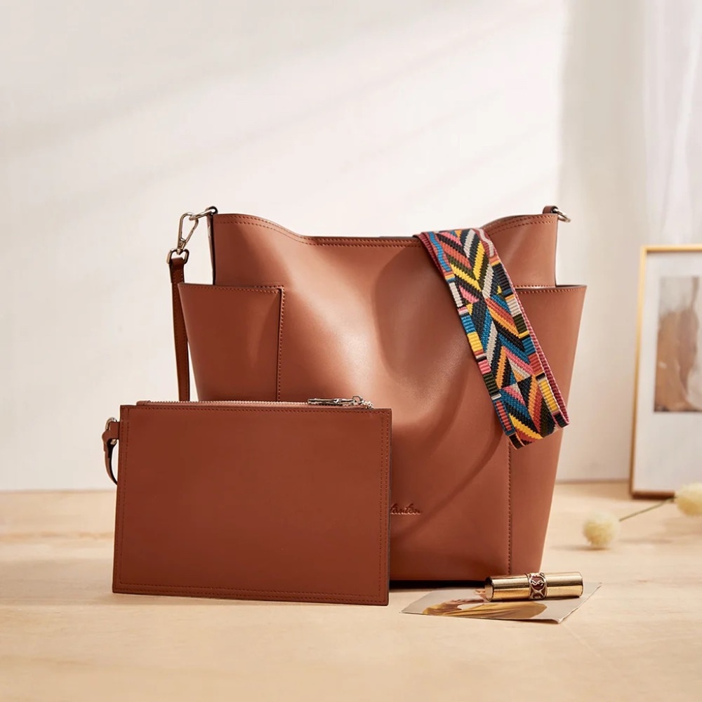 Bostanten Brown genuine leather clutch travel bag with wristlet attachable strap - Picture 10 of 12